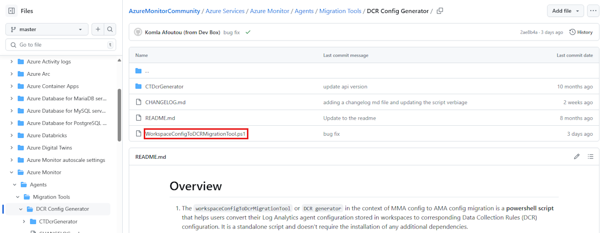 Screenshot that shows users where the 'WorkspaceConfigToDCRMigrationTool.ps' file is.