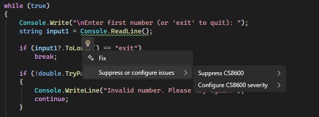 Screenshot that shows how to configure rule severity from the light bulb menu in Visual Studio.