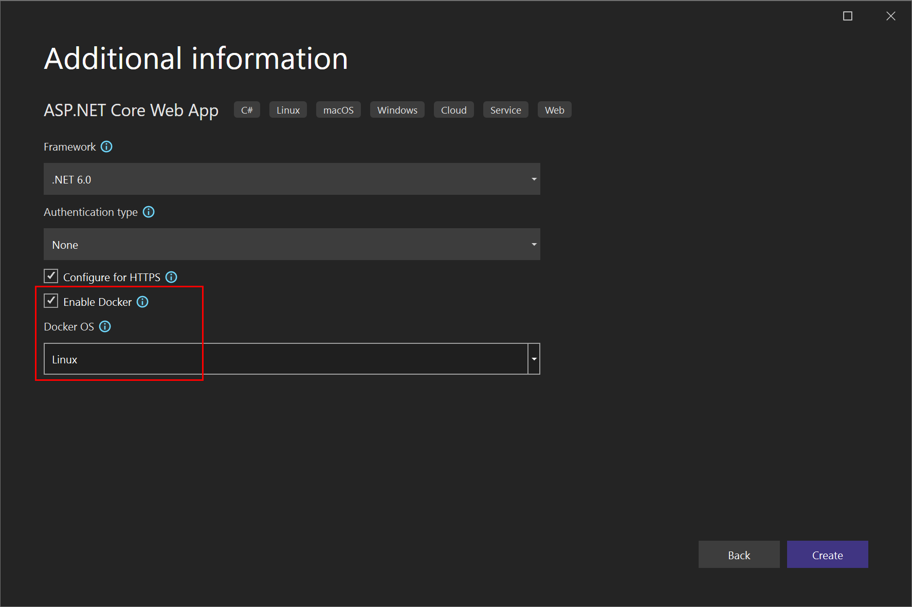Screenshot showing how to enable container support for new ASP.NET Core web app in Visual Studio.