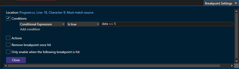 Screenshot showing how to set a conditional breakpoint.