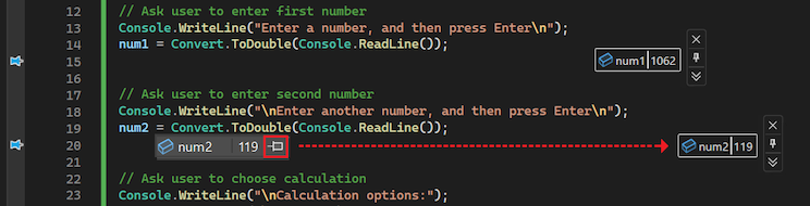 Screenshot that shows how to pin a data tip.