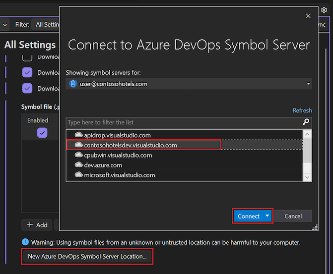 Screenshot that shows how to add a new Azure DevOps Symbol Server ___location in Visual Studio.