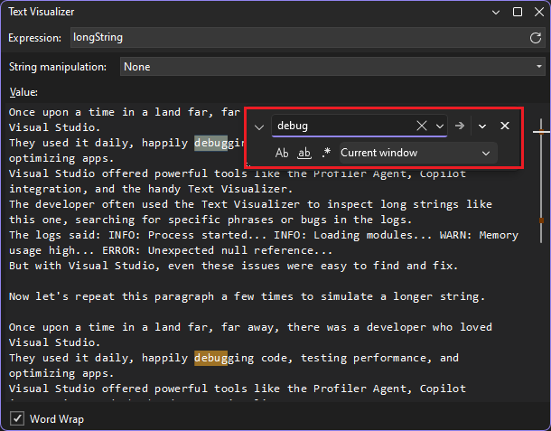 Text string visualizer Screenshot of search within the text visualizer.