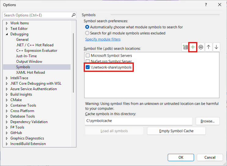 Screenshot that shows how to add a new symbol server ___location.