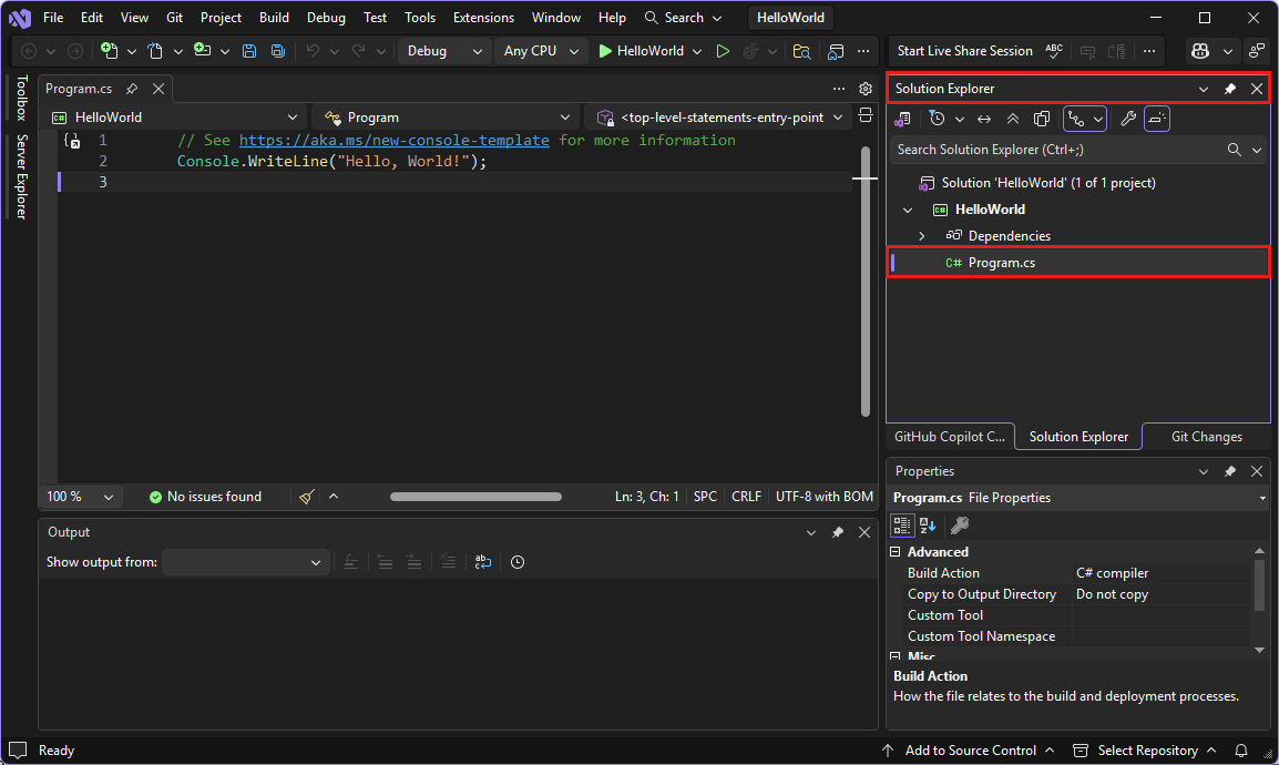Screenshot that shows the Visual Studio IDE with the Program.cs code in the editor.