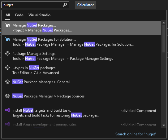 Screenshot that shows the Quick Launch search box in Visual Studio 2022.