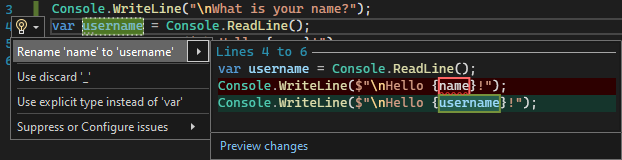 Screenshot that shows the Rename action in Visual Studio 2022.