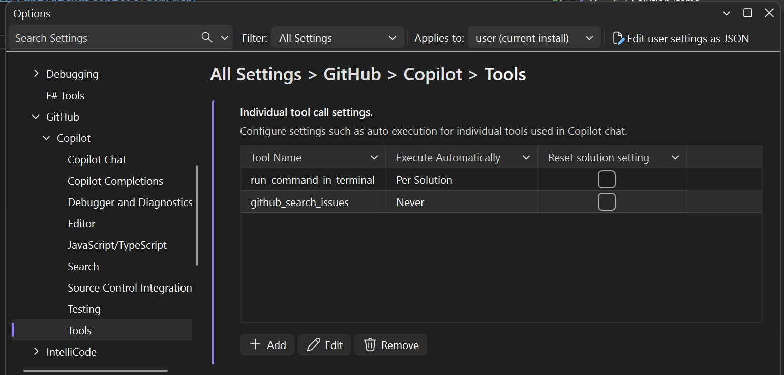 Screenshot of GitHub Copilot tool configuration settings in Visual Studio.