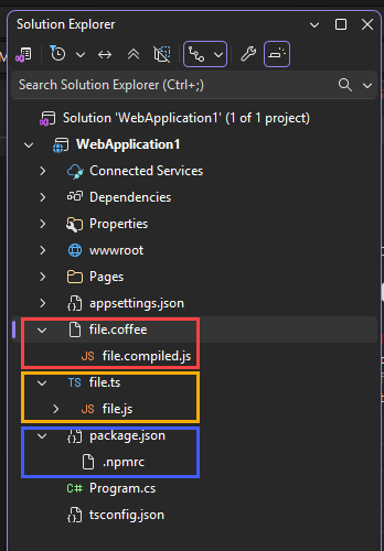 Screenshot that shows file nesting in Solution Explorer.