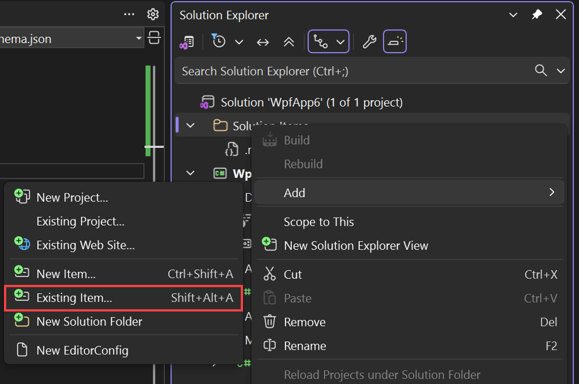Screenshot of adding the MCP configuration file ___location to Solution Items.