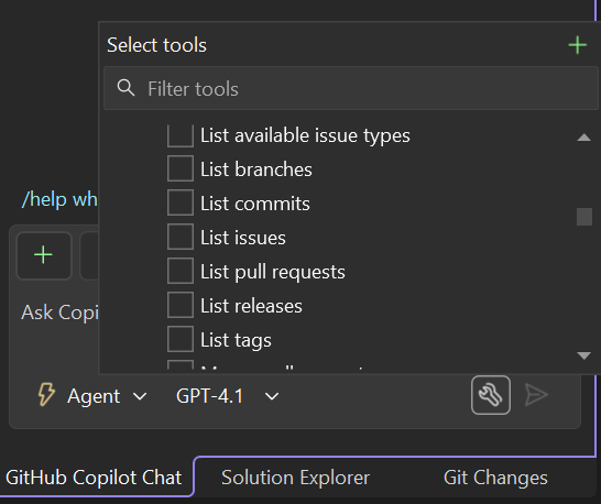 Screenshot of GitHub MCP tools available in the Visual Studio chat pane.