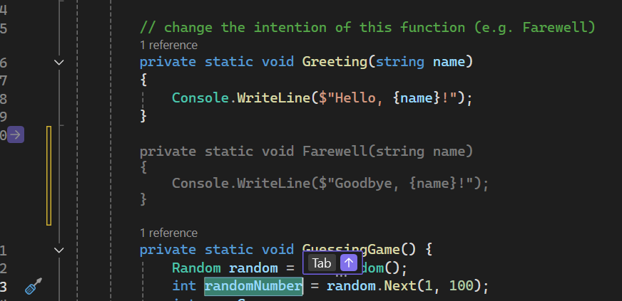 Screenshot that shows an arrow pointing upward to indicate the ___location of the next edit suggestion in a file.
