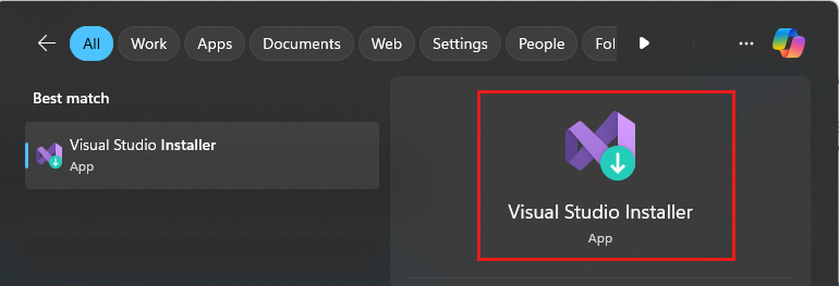 Search for the Visual Studio Installer Screenshot showing the result of a Start menu search for the Visual Studio Installer.
