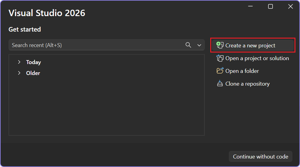 Screenshot showing Create a new project.