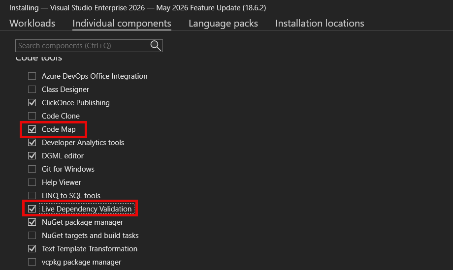 Screenshot that shows Code Map and Live Dependency Validation components in Visual Studio Installer.