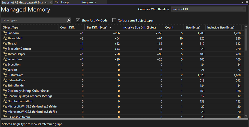 Diagnostic Tools Heap Diff view Diagnostic Tools heap diff view