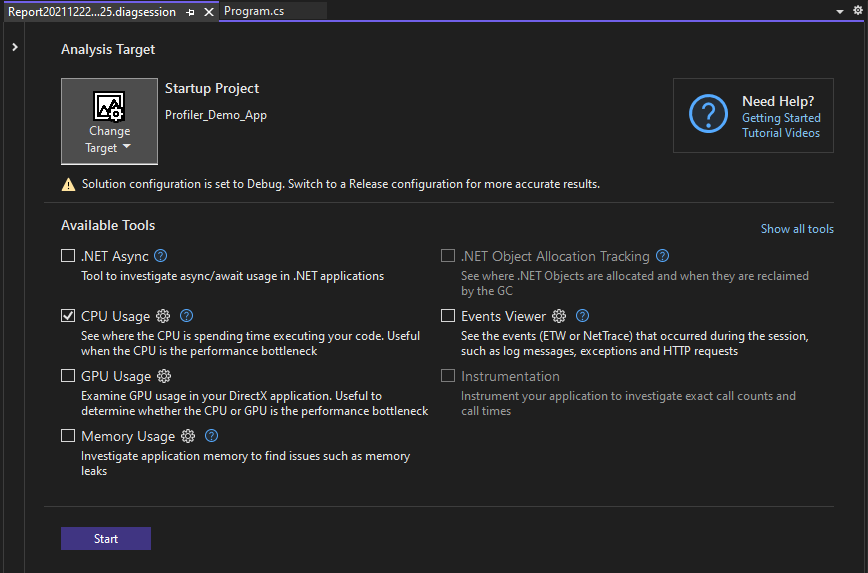Performance Profiler Screenshot of Performance Profiler.