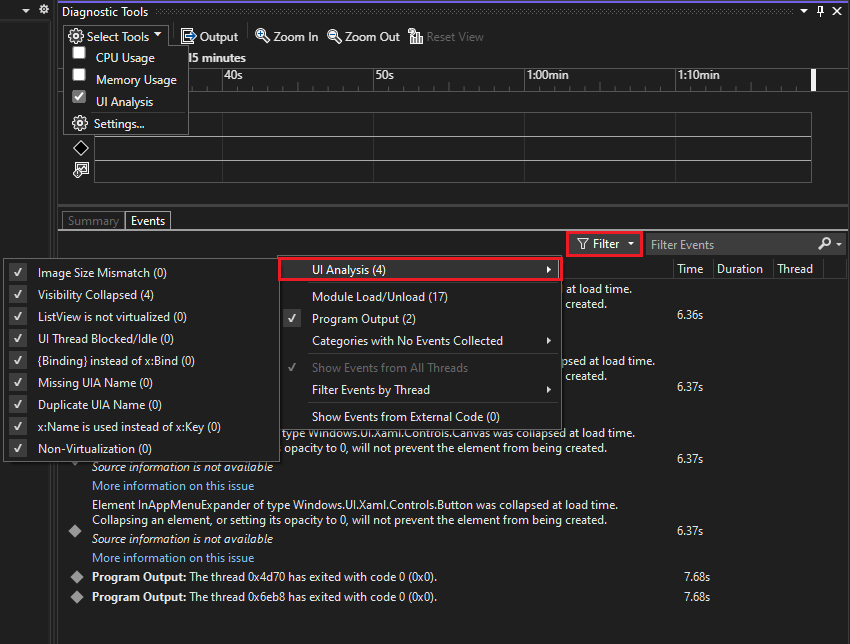 Diagnostic Tools View UI Analysis Events View UI analysis events in the diagnostic tools