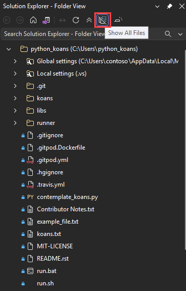 Screenshot that shows how to view hidden folders and files in Visual Studio.