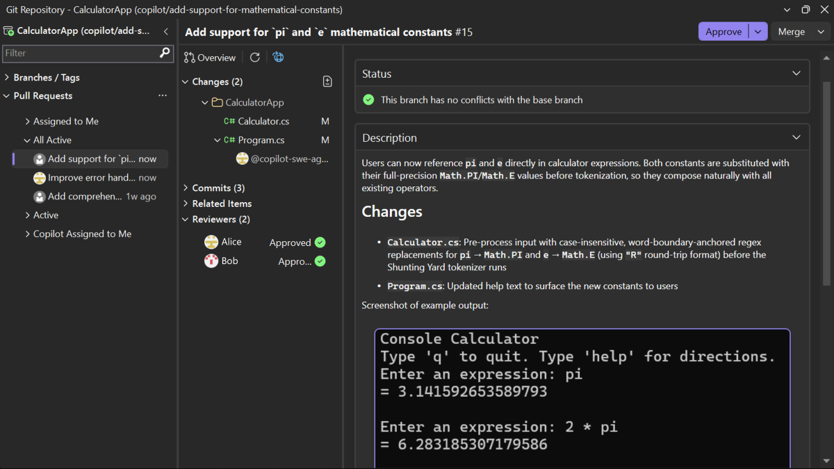 Screenshot of a pull request overview with status checks, reviewer votes, and vote and complete actions in Visual Studio.