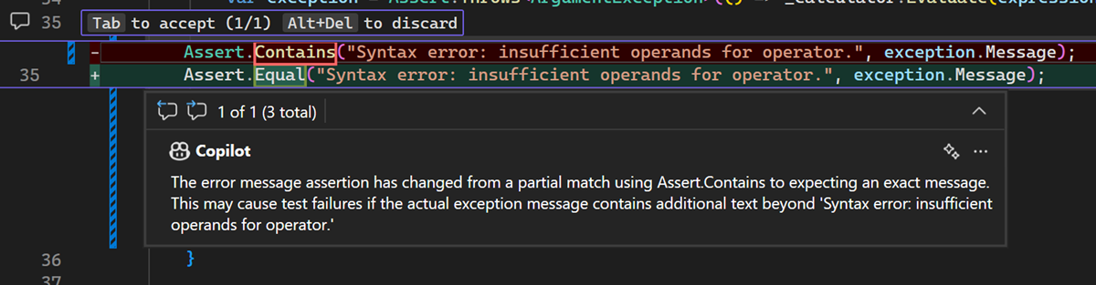 Screenshot showing how to request a Copilot code suggestion based on a pull request comment in Visual Studio.