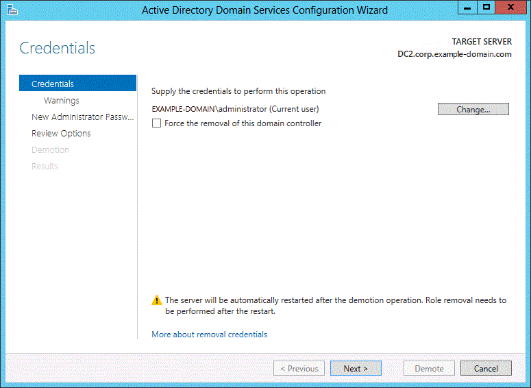 Screenshot of the Credentials page of the wizard, with a button for changing credentials and an option for forcing the removal of a ___domain controller.