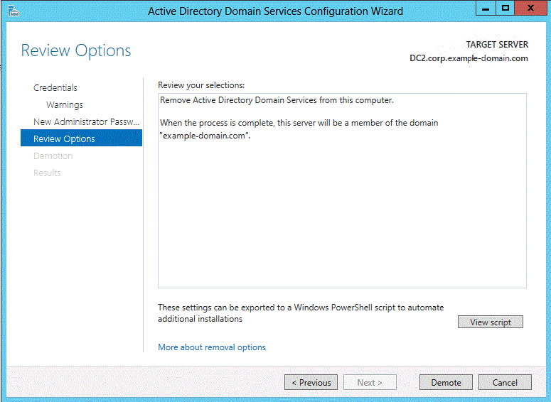 Screenshot of the final Review Options page of the wizard. Text summarizes selected options for demoting a ___domain controller.
