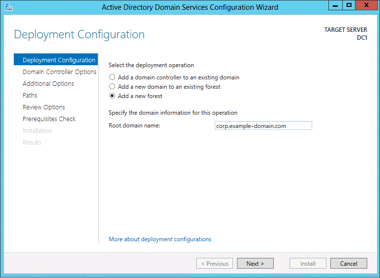 Screenshot of the Deployment Configuration page of the wizard. The option for adding a new forest is selected, and a root ___domain name is visible.