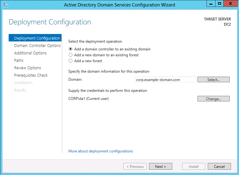 Screenshot of the Deployment Configuration page of the wizard. The option for adding a ___domain controller to an existing ___domain is selected.