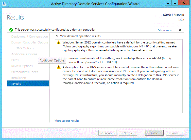 Screenshot of the Results page of the wizard. Text indicates the successful configuration of a ___domain controller. Warnings are visible.