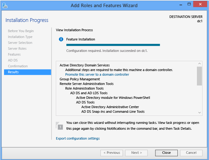 Screenshot that shows the Promote this server to a ___domain controller link.