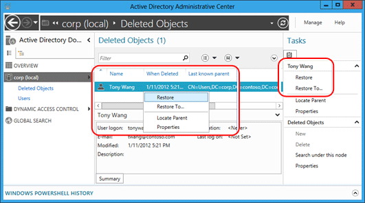 Screenshot that highlights the menu used for restoring an object to its original ___location.