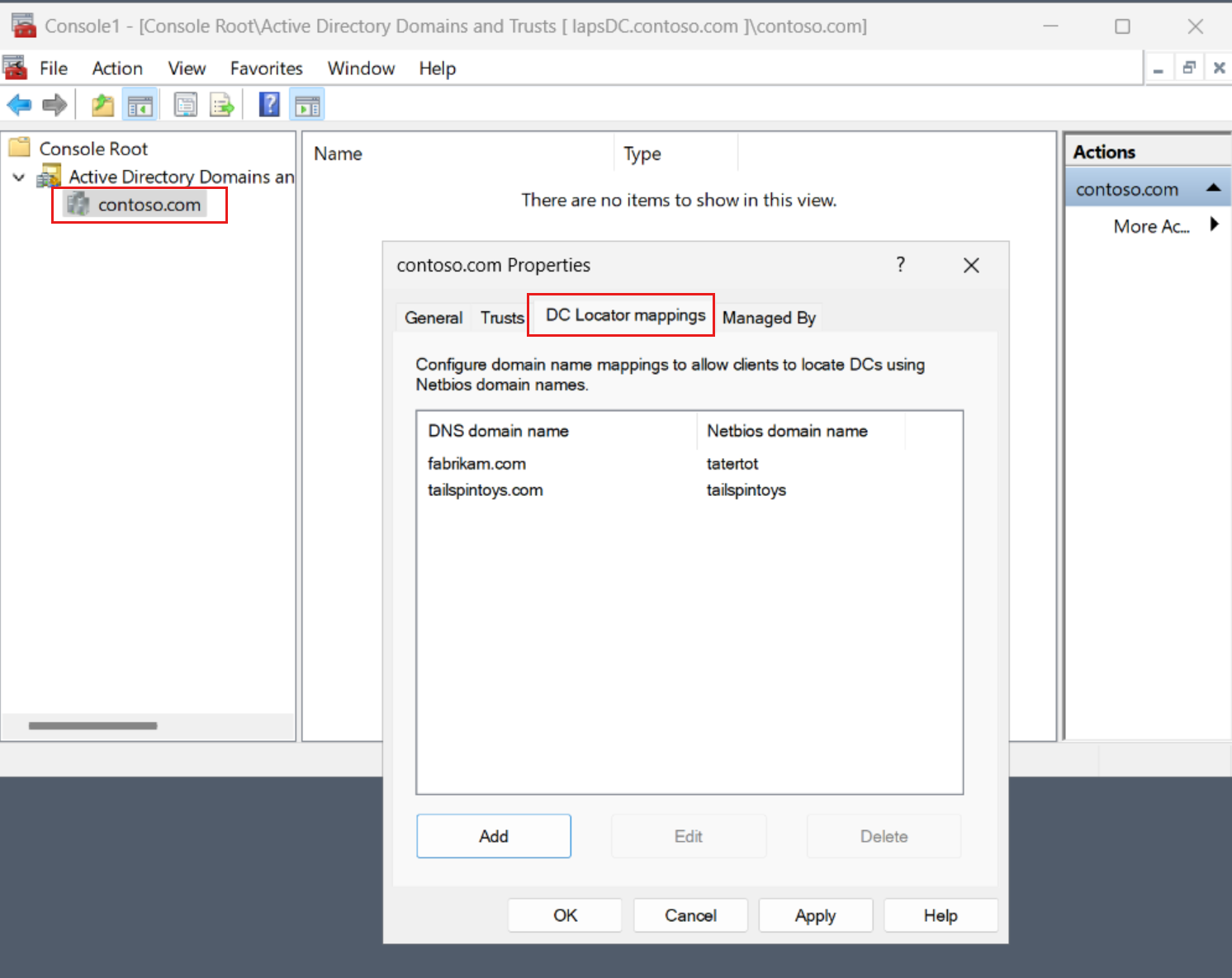 Screenshot of the page for DC locator ___domain name mappings in the Active Directory Domains and Trusts snap-in.