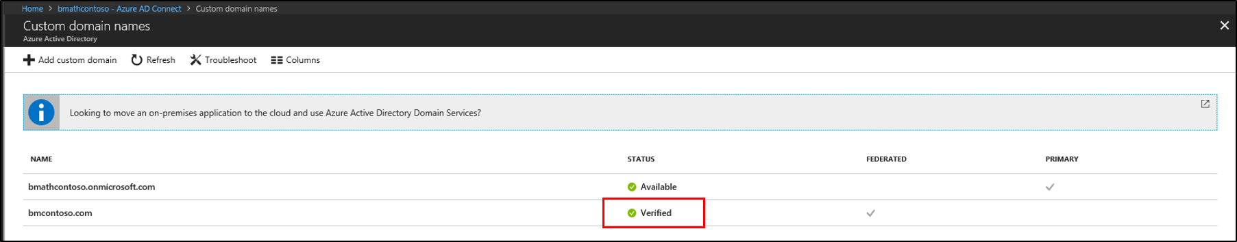 Screenshot that shows the ___domain next to Federation in the portal.